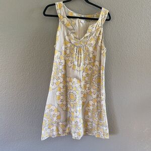 Ann Taylor Loft Dress  Yellow Gray  Linen Floral Sheath Sleeveless size 10
